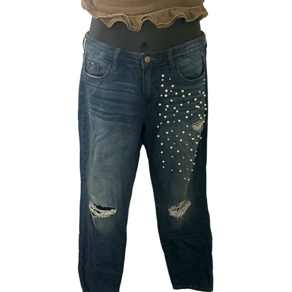 Project Runway Blue Denim Distressed Jean Faux Pearls Straight Leg Women SZ 6